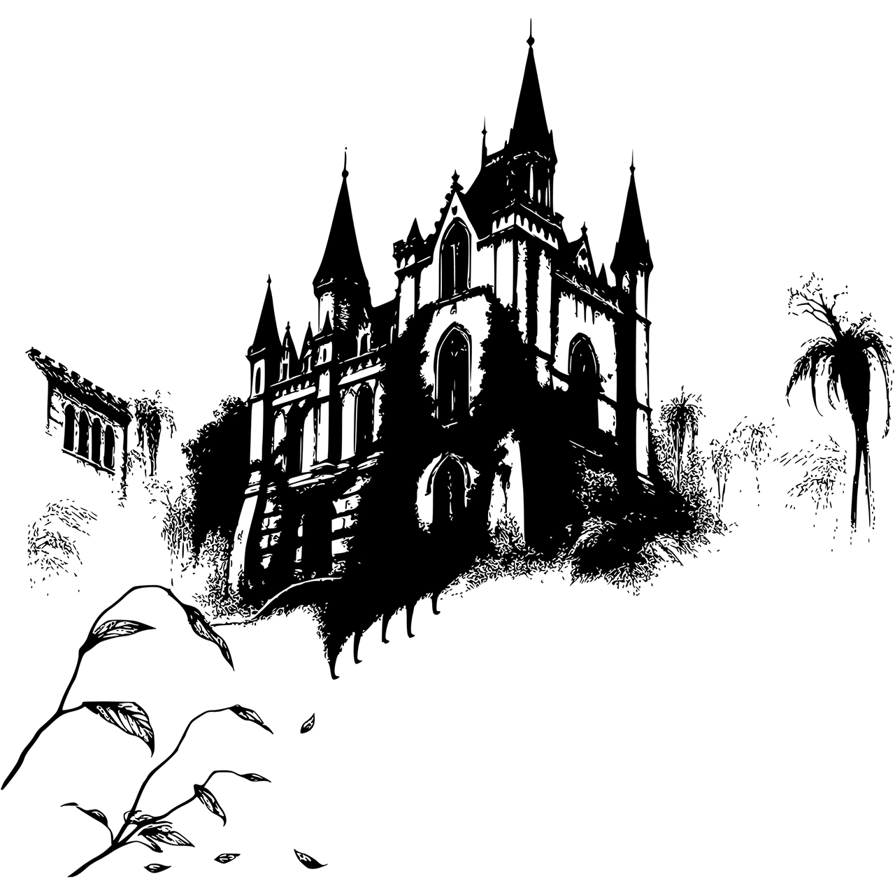 Black and white haunted castle vector