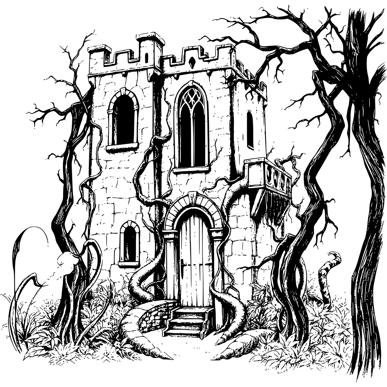 Black and white haunted castle vector