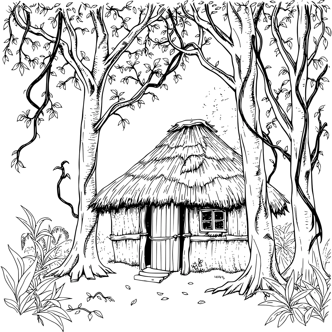 Black and white hut in jungle vector