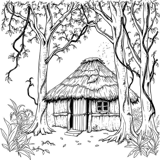 Black and white hut in jungle vector