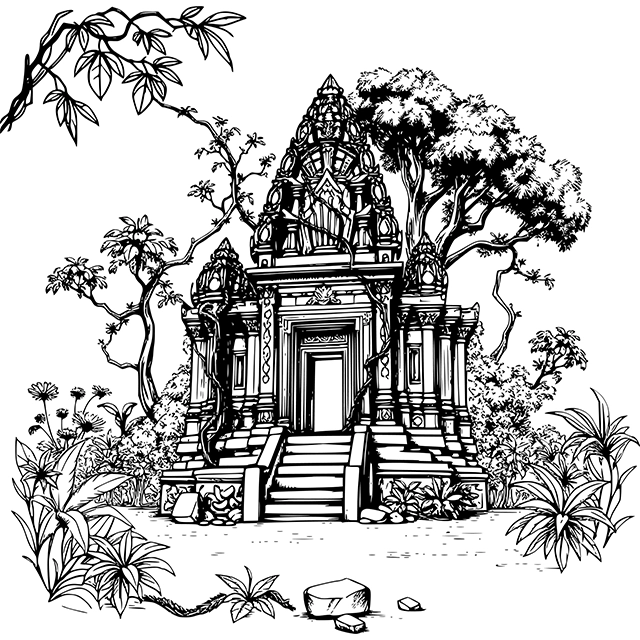 Black and white temple in jungle vector