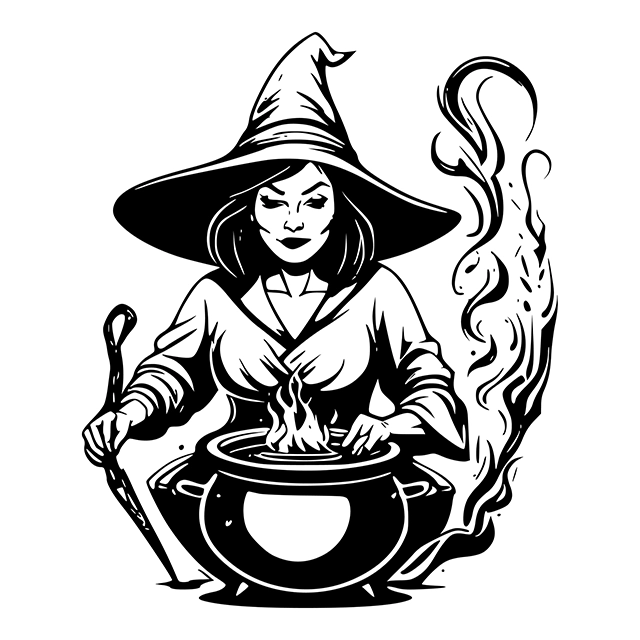 Black and white witch with cauldron vector